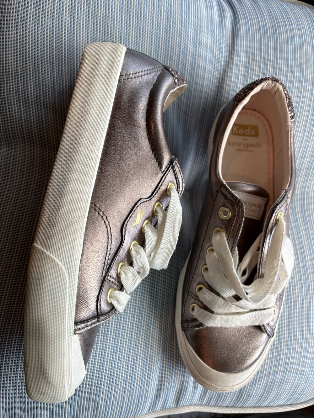 kate spade Metallic Pewter Platform Sneakers with White Soles 8.5